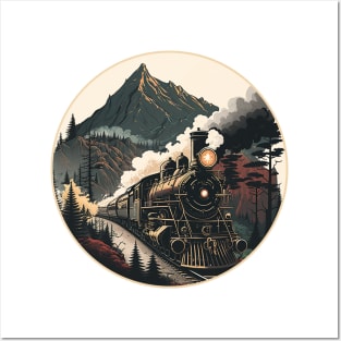 Steam train and mountain landscape vintage style locomotive design Posters and Art